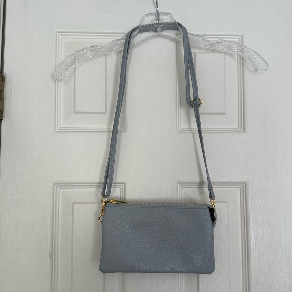 Blue/grey shoulder bag with gold hardware